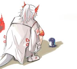  1girl absurdres arknights arm_tattoo bitey_(arknights) colored_skin dragon_girl dragon_horns dragon_tail facing_away fire flame-tipped_tail from_behind highres horns jacket jacket_on_shoulders multicolored_hair nian_(arknights) pointy_ears ponytail red_hair red_skin seung-aeja shoes simple_background solo squatting streaked_hair tail tattoo white_background white_hair white_jacket white_shoes 