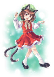  1girl absurdres animal_ear_fluff animal_ear_piercing animal_ears bow bowtie brown_hair brown_shoes cat_ears cat_tail chen commentary earrings fangs fingernails full_body green_hat hajimakura hat highres hoop_earrings jewelry long_sleeves looking_at_viewer mob_cap multiple_tails nekomata open_mouth red_eyes red_nails red_vest sharp_fingernails shoes short_hair single_earring slit_pupils smile socks solo tail touhou two_tails vest white_socks yellow_bow yellow_bowtie 