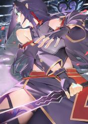  2girls armor asuna_(sao) asuna_(sao-alo) bare_shoulders belt blue_hair breastplate commentary detached_sleeves fingerless_gloves gloves headband heart holding holding_sword holding_weapon leotard mi8pq multiple_girls obsidian_slasher open_mouth pointy_ears purple_gloves purple_hair purple_leotard red_belt red_eyes reflection reflective_weapon sword sword_art_online weapon yuuki_(sao) 
