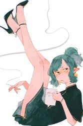  1girl artist_self-insert black_shirt black_shoes capri_pants cigarette coffee_mug commentary cup earrings elf english_commentary english_text glasses gold_earrings gold_trim green_hair green_pants halfling high_heels high_ponytail highres holding holding_cigarette holding_cup jewelry legs_up looking_to_the_side medium_hair mug original pants parted_lips pointy_ears ponytail round_eyewear shirt shoes short_sleeves simple_background sitting smoke solo spindle_(aidenr0) spindle_(spindle_(aidenr0)) swept_bangs teeth tinted_eyewear v-shaped_eyebrows white_background yellow-tinted_eyewear 