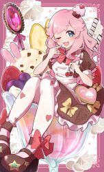  1girl ;d banana banana_slice blue_eyes boots bow bowtie brown_boots brown_dress cherry commentary cookies_&amp;_cream cupcake_hair_ornament dress english_commentary food food-themed_hair_ornament footwear_bow frilled_dress frills fruit full_body grapes hair_flaps hair_ornament heart heart_print highres holding holding_food holding_fruit ice_cream ikizulive!_love_live!_bluebird kanazawa_miracle long_hair looking_at_viewer love_live! medium_dress nyako_(utaneko31) one_eye_closed open_mouth oversized_food oversized_object pantyhose parfait pink_hair print_pantyhose puffy_short_sleeves puffy_sleeves red_bow red_bowtie short_sleeves sitting_on_food smile solo strawberry wafer_stick wavy_hair white_pantyhose 