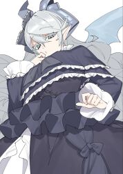  1girl alternate_costume black_dress breasts demon_girl demon_horns demon_wings dress duel_monster from_below grey_hair grey_hoodie grey_wings greyscale highres hood hoodie horns itoama_030 large_breasts long_hair lovely_labrynth_of_the_silver_castle monochrome pointy_ears simple_background solo white_background wings yu-gi-oh! 