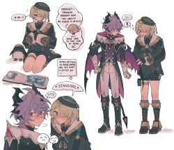  beret black_gloves black_hat blonde_hair blue_eyes blunt_ends blush commentary dragon_boy dragon_horns dragon_wings durin_(genshin_impact) english_commentary facial_mark freckles freminet_(genshin_impact) genshin_impact gloves hair_between_eyes hair_over_one_eye hat heart-shaped_gem highres horns long_sleeves lyney_(genshin_impact) molaning non-humanoid_robot pers_(genshin_impact) purple_hair robot robot_animal teardrop_facial_mark top_hat two-sided_horns wings 