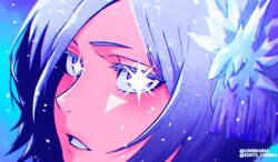  +_+ 1girl alpha_transparency bleach bleach:_sennen_kessen-hen blue_eyes chromatic_aberration close-up commentary expressionless hair_ornament hakka_no_togame_(bankai) highres ice kuchiki_rukia lips long_hair parted_lips profile snowing solo stitched umbra_(edits_umbra) 