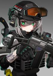  1girl closed_mouth commentary_request english_text gloves goggles goggles_on_headwear gradient_background green_eyes grey_background grey_gloves grey_hair grey_helmet gun hair_between_eyes helmet highres holding holding_gun holding_weapon iwasawayuki layered_sleeves long_sleeves looking_at_viewer original shirt short_over_long_sleeves short_sleeves solo tongue tongue_out trigger_discipline upper_body weapon weapon_request white_shirt 