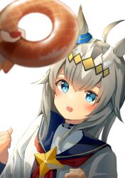  1girl 1other ahoge animal_ears blue_eyes blue_sailor_collar blush brooch doughnut drooling ear_ornament food grey_hair hair_between_eyes hair_ornament highres holding holding_donut holding_food horse_ears horse_girl jewelry long_hair long_sleeves mouth_drool multicolored_hair neckerchief oguri_cap_(starlight_beat)_(umamusume) oguri_cap_(umamusume) onemu_(degukawaiine) open_mouth red_neckerchief sailor_collar shirt star_brooch umamusume white_shirt 