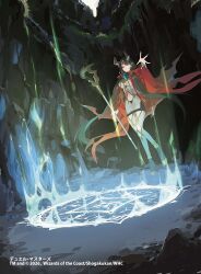  1girl 2026 aura black_hair black_skirt chest_jewel clothing_cutout commentary_request copyright_notice duel_masters fiona_(duel_masters) gold_trim holding holding_staff horns long_hair low_twintails magic_circle mowachichi navel navel_cutout official_art open_clothes open_robe pantyhose pantyhose_cutout red_robe robe shirt shoes skirt solo staff third_eye triclops twintails very_long_hair white_shirt yellow_eyes 