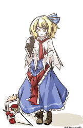  1girl absurdres alice_margatroid alice_margatroid_(pc-98) artist_name blonde_hair blue_dress book boots breasts brown_boots capelet child commentary_request dated dress frilled_dress frills full_body highres holding holding_book medium_hair open_mouth oversized_clothes red_sash sash small_breasts solo touhou touhou_(pc-98) trump_king ve1024 waist_sash white_capelet yellow_eyes 