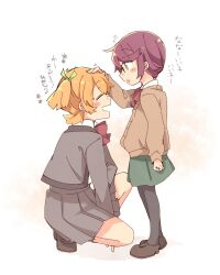  2girls :d :o aged_down arm_at_side arm_up bbr_brbr black_pantyhose blonde_hair blush_stickers bow bowtie brown_cardigan brown_shoes cardigan child clenched_hand closed_eyes collared_shirt commentary_request daiba_nana elbow_on_knee elbow_rest facing_another flipped_bangs flower_symbol flying_sweatdrops from_side full_body green_eyes green_ribbon green_skirt grey_jacket grey_skirt hair_ribbon hand_on_another's_head headpat highres hoshimi_junna invisible_floor jacket knee_up loafers long_sleeves looking_at_another mary_janes miniskirt multiple_girls open_clothes open_jacket open_mouth pantyhose pleated_skirt profile purple_hair red_bow red_bowtie ribbon school_uniform seishou_music_academy_uniform shirt shoes short_hair shoujo_kageki_revue_starlight skirt smile squatting standing time_paradox translation_request two_side_up white_background white_shirt 