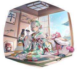  3girls absurdres animal_ears aoi_13 architecture bonsai bottle brown_hair cat_ears cat_girl cecilia_immergreen cecilia_immergreen_(new_year) chattino_(raora_panthera) chibi choko_(cup) commentary_request cup east_asian_architecture elizabeth_rose_bloodflame gigi_murin gigi_murin_(new_year) gloves green_kimono green_streaks grey_hair heater highres holding holding_cup hololive hololive_english hood hood_down japanese_clothes kimono kotatsu looking_at_viewer medium_hair multicolored_hair multiple_girls official_alternate_costume otomo_(cecilia_immergreen) raora_panthera raora_panthera_(new_year) sake_bottle solo streaked_hair table two-tone_hair unfinished virtual_youtuber white_gloves white_kimono winding_key 