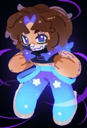  1other androgynous black_background black_shirt blue_eyes brown_hair chibi chibi_only circuit_board_print commentary crop_top curtained_hair english_commentary hulatie indie_virtual_youtuber looking_at_viewer mask mechanical_legs midriff other_focus purple_pupils ranboo ranboo_(r800) ranboo_(r800)_(r800_2.0) respirator shirt short_hair simple_background star-shaped_pupils star_(symbol) suspenders_hanging symbol-shaped_pupils virtual_youtuber 