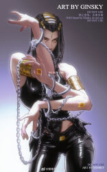  1girl absurdres armlet artist_name bare_shoulders belt_buckle black_hair black_pants black_vest braid breasts buckle chain chinese_commentary commentary_request contrapposto cowboy_shot cuffs dark-skinned_female dark_skin dreadlocks ermes_costello extra_arms ginsky2000 hair_ornament handcuffs highres jewelry jojo_no_kimyou_na_bouken leather leather_pants leather_vest long_hair looking_at_viewer medium_breasts multiple_braids pants solo sticker stone_ocean vest yellow_eyes 