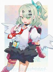  1girl arm_warmers bandaid bandaid_hair_ornament black_choker black_skirt choker collared_shirt commentary_request earrings fur-trimmed_skirt fur_trim green_eyes green_hair hair_ornament highres jewelry leg_warmers looking_at_viewer multiple_hair_clips multiple_thigh_straps musical_note_earrings nagi_(marthmoka) necktie open_mouth pink_bag pink_leg_warmers ponytail red_necktie shirt skirt solo striped_arm_warmers striped_leg_warmers sunna_(zenless_zone_zero) sweatdrop thigh_strap white_shirt winged_bag zenless_zone_zero 