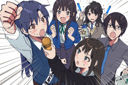  +_+ 1boy 4girls arm_up black_hair blue_eyes blue_hair blue_necktie blue_sweater_vest brown_eyes brown_hair clenched_hand collared_shirt commentary_request emphasis_lines glasses glowstick green_eyes grey_shirt highres holding holding_first_aid_kit holding_glowstick holding_microphone idolmaster idolmaster_(classic) idolmaster_cinderella_girls idolmaster_million_live! idolmaster_shiny_colors idolmaster_side-m in-franchise_crossover kazano_hiori kisaragi_chihaya kuzuya_ramurin long_hair microphone mogami_shizuka multiple_girls necktie open_mouth sakuraba_kaoru sash shibuya_rin shirt short_hair sweater_vest 