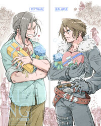  4girls 6+boys 80850love_fu aqua_eyes aqua_shirt bandana belt black_gloves black_jacket black_pants blue_flower box bracelet breasts brown_belt brown_pants chibi chibi_inset climbing_ladder closed_eyes closed_mouth collared_shirt commentary_request cowboy_hat cowboy_shot cropped_jacket crossed_belts dog_tags dress ellone father_and_son final_fantasy final_fantasy_viii flower frown fur-trimmed_jacket fur_trim gift gift_box gloves grin hair_between_eyes hair_tie hand_on_own_hip hat heart-shaped_box highres holding holding_gift irvine_kinneas jacket jewelry kiros_seagill laguna_loire leg_belt long_coat long_hair long_sleeves low_ponytail male_focus medium_breasts midriff_peek multiple_belts multiple_boys multiple_girls navel overalls pants parted_bangs parted_lips ponytail quistis_trepe ring rinoa_heartilly scar scar_on_face scar_on_forehead selphie_tilmitt shirt short_dress short_hair silver_bracelet sleeves_rolled_up smile squall_leonhart sweatdrop teeth twitter_username updo ward_zabac waving white_shirt zell_dincht 