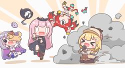  3_3 4girls :> ^_^ absurdres animal_ear_fluff animal_ears arm_warmers arms_up black_hair blonde_hair blush_stickers bubba_(watson_amelia) cape closed_eyes death-sensei_(mori_calliope) dress dress_shirt english_commentary hair_flaps hair_ornament hair_ribbon hakos_baelz hakos_baelz_(1st_costume) hat highres hololive hololive_english jacket jewel_under_eye key kneeling koseki_bijou koseki_bijou_(1st_costume) leg_up long_hair microphone monocle mori_calliope mori_calliope_(1st_costume) mouse_ears mouse_tail mousetrap mpien mr._squeaks_(hakos_baelz) multicolored_hair multiple_girls necktie pantyhose pebble_(koseki_bijou) pink_hair plaid_clothes plaid_skirt purple_hair red_hair ribbon scythe shirt single_thighhigh skirt sliding streaked_hair surprised tail tail_ornament tail_ribbon takodachi_(ninomae_ina'nis) thigh-highs twintails virtual_youtuber watson_amelia watson_amelia_(1st_costume) white_dress 