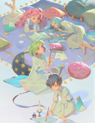  4girls agott_arklaum_(tongari_boushi_no_atelier) barefoot black_hair blue_hair brown_eyes calligraphy_brush closed_eyes coco_(tongari_boushi_no_atelier) dress green_eyes green_hair hat hat_tassel highres long_hair long_sleeves lying medium_hair multiple_girls on_stomach orange_eyes paintbrush pink_hair reading richeh_(tongari_boushi_no_atelier) short_hair sitting sleeping tetia_(tongari_boushi_no_atelier) toenails tongari_boushi_no_atelier vickypyon white_dress 