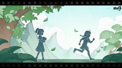  2girls ahoge blue_sky book chinese_commentary commentary_request copyright_logo dress game_cg highres holding holding_book honkai_(series) honkai_impact_3rd kiana_kaslana logo multiple_girls nature official_art raiden_mei shirt shoes short_hair skirt sky tree 