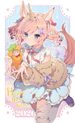  1boy 1girl animal_ear_fluff animal_ears astel_(ikeuchi_tanuma) blue_bow blue_skirt bow brown_jacket carrot_costume character_request check_character chinese_zodiac closed_mouth commentary_request flying_sweatdrops grey_thighhighs hair_bow happy_new_year highres horse_ears horse_girl horse_tail ikeuchi_tanuma jacket kemonomimi_mode long_sleeves looking_at_viewer mini_person minigirl multicolored_hair off_shoulder open_clothes open_jacket original pink_hair pleated_skirt puffy_long_sleeves puffy_sleeves purple_bow purple_hair purple_shoes red_bow rije_(ikeuchi_tanuma) shirt shoes skirt streaked_hair tail thigh-highs twintails twitter_username unicorn_girl unicorn_horn white_bow white_shirt year_of_the_horse 