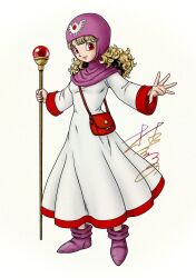  1girl bag blonde_hair boots closed_mouth commentary_request curly_hair dragon_quest dragon_quest_ii dress full_body highres holding holding_staff light_smile long_hair long_sleeves looking_at_viewer murakami_yumiko official_alternate_hair_color open_hand outstretched_hand pink_boots pink_hood princess_of_moonbrook red_bag red_eyes robe shoulder_bag signature solo staff standing white_dress white_robe 