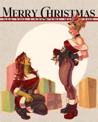  2girls antlers batman_(series) blonde_hair blush box capelet christmas christmas_ornaments christmas_present dc_comics dress eye_contact fake_antlers fur-trimmed_capelet fur_trim gift gift_box gloves harlequin harley_quinn highres horns long_hair looking_at_another mausinner monster_girl multiple_girls open_mouth plant_girl poison_ivy red_capelet red_gloves red_hair reindeer_antlers sack santa_costume santa_dress smile yuri 