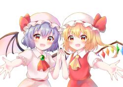  2girls ascot bat_wings blonde_hair blue_hair blush collared_shirt commentary_request crystal crystal_wings flandre_scarlet hat hat_ribbon highres holding_hands interlocked_fingers looking_at_viewer mob_cap multicolored_wings multiple_girls one_side_up open_mouth puffy_short_sleeves puffy_sleeves red_ascot red_eyes red_skirt red_vest remilia_scarlet ribbon shirt short_hair short_sleeves siblings sisters skirt skirt_set smile touhou vest white_hat white_shirt white_skirt wings yellow_ascot yukishiro_yayoi 