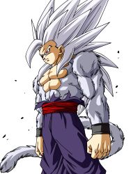  1boy clenched_hands cowboy_shot dragon_ball dragon_ball_gt dragon_ball_super dragon_ball_super_super_hero fusion gohan_beast highres long_hair male_focus monkey_tail orange_pants pants red_eyes red_sash sash solo son_gohan spiky_hair super_saiyan super_saiyan_4 tail white_fur white_hair white_tail yun_the_bit 