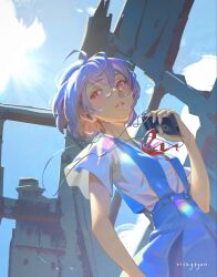  1girl ayanami_rei blue_hair breasts commentary day hair_between_eyes highres listening_to_music neon_genesis_evangelion outdoors red_eyes school_uniform short_hair short_sleeves sky small_breasts solo sunlight teeth tokyo-3_middle_school_uniform vickypyon 