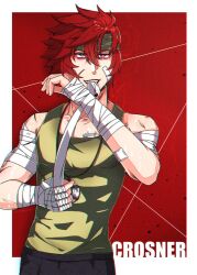  1boy agate_crosner azumishard bandaged_arm bandages blue_eyes border character_name curtained_hair double-parted_bangs eiyuu_densetsu english_commentary english_text green_headband green_shirt grin headband jewelry male_focus necklace parted_bangs parted_lips red_background red_hair scar scar_on_face shirt short_hair simple_background smile sora_no_kiseki upper_body white_border 