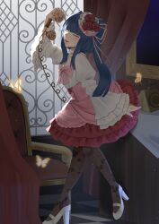  absurdres black_pantyhose blue_hair blunt_bangs bow bug butterfly chair choker closed_eyes commentary curtains dress dress_bow empty_picture_frame furudo_erika high_heels highres holding holding_phone indoors juliet_sleeves layered_sleeves light_particles long_sleeves no_noru open_mouth pantyhose patterned_clothing phone picture_frame pink_bow pink_dress puffy_sleeves red_skirt shoes skirt smile twintails umineko_no_naku_koro_ni white_choker white_shoes wide_sleeves yellow_butterfly 