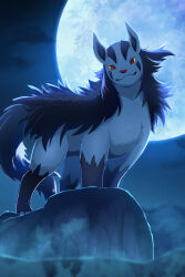  closed_mouth clouds colored_sclera commentary_request highres mightyena moon night no_humans outdoors pokemon pokemon_(creature) pokemon_focus red_eyes rumine_(yoshi1234567) sky smile solo standing yellow_sclera 
