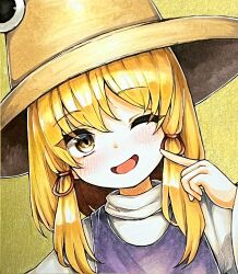  1girl blonde_hair blush brown_hat commentary hair_ribbon hat highres long_hair long_sleeves looking_at_viewer moriya_suwako one_eye_closed open_mouth portrait purple_vest red_ribbon ribbon smile solo tatuhiro touhou traditional_media tress_ribbon vest wide_sleeves yellow_eyes 