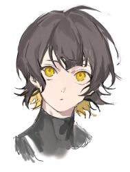  bachira_meguru black_bodysuit black_hair blonde_streaks blue_lock blunt_bangs bob_cut bodysuit expressionless highres looking_up male_focus portrait short_hair sketch solo solo_focus white_background yellow_eyes ysokzo 