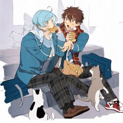  2boys ahoge bag black_socks blazer blue_hair blue_jacket blue_necktie brown_eyes brown_hair brown_shoes cat commentary_request ensemble_stars! food full_body green_eyes hair_between_eyes hands_up holding holding_food jacket layered_clothes long_sleeves lower_teeth_only male_focus morisawa_chiaki multiple_boys necktie open_clothes open_hand open_jacket open_mouth pants paper_bag plaid_clothes plaid_pants red_scarf sanmo_(sanmocmk) scarf school_bag school_uniform shinkai_kanata shoes short_hair sitting socks taiyaki teeth wagashi winter yumenosaki_school_uniform 