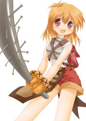  1girl armor backpack bag baseball_bat chest_guard cowboy_shot gloves holding holding_baseball_bat kouzuki_hajime metal_baseball_bat nail_(hardware) nail_bat novice_(ragnarok_online) open_mouth orange_eyes orange_gloves orange_hair pelvic_curtain ragnarok_online red_bag red_shorts shirt short_shorts shorts sleeveless sleeveless_shirt smile solo standing two-handed white_shirt 