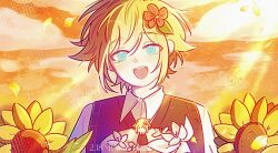  1boy :d arms_at_sides basil_(faraway)_(omori) basil_(omori) black_sweater_vest blonde_hair blue_eyes cake character_name chinese_commentary clouds collared_shirt commentary_request dated double-parted_bangs english_text film_grain flipped_hair flower food hair_between_eyes hair_flower hair_ornament happy_birthday head_tilt highres leaf light_particles male_focus omori open_mouth orange_sky outdoors pale_skin raised_eyebrows red_flower round_teeth shirt short_hair sidelighting sidelocks simple_background sky smile solo straight-on sunflower sunlight sweater_vest swept_bangs tearing_up teeth tongue upper_body upper_teeth_only white_flower white_shirt yue4854552 