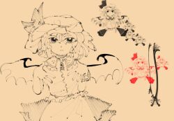  1girl bat_wings bow closed_mouth collar collared_shirt cowboy_shot cropped_torso derivative_work embodiment_of_scarlet_devil expressionless frilled_collar frilled_shirt frills hands_up hat hat_ribbon looking_at_viewer medium_hair official_art remilia_scarlet ribbon scarletflamster shirt sketch sprite_redraw straight-on touhou waist_bow wings wrist_cuffs yellow_background zun_(artist) zun_(style) zun_pose 