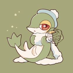  closed_mouth frown green_background hat lying mkt_(buizu-miki) no_humans pokemon pokemon_(creature) red_eyes scarf simple_background snivy solo star_(symbol) twitter_username 