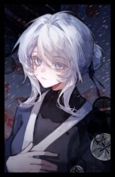  1girl absurdres black_border black_kimono black_ribbon black_shirt blade_lineage_(identity)_(project_moon) blue_background blue_eyes blue_kimono border breasts chinese_commentary commentary_request faust_(project_moon) hair_bun hair_ribbon hair_up hand_up highres japanese_clothes kimono limbus_company medium_breasts project_moon ribbon shirt shirt_under_kimono sidelocks snow solo two-tone_kimono upper_body white_hair yuemiao 