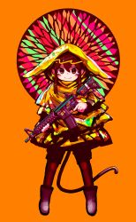  1girl absurdres blush boots brown_hair brown_pantyhose closed_mouth commentary_request grey_boots gun hair_between_eyes highres holding holding_gun holding_weapon iwasawayuki jacket looking_at_viewer orange_background original pantyhose pantyhose_under_shorts partial_commentary red_eyes shorts simple_background smile solo standing sticker tail tears trigger_discipline weapon weapon_request yellow_jacket 