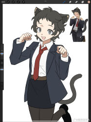  1girl adachi_tooru animal_ears art_program_in_frame belt bisho_imobing_hito black_hair black_pantyhose black_shoes black_skirt brown_belt cat_ears cat_tail commentary genderswap genderswap_(mtf) grey_eyes highres kemonomimi_mode long_sleeves looking_at_viewer necktie open_mouth pantyhose paw_pose pencil_skirt persona persona_4 red_necktie reference_inset shirt shoes short_hair skirt tail untranslatable_commentary white_shirt 