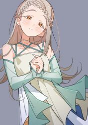 1girl absurdres blonde_hair blush braid braided_bangs closed_mouth collarbone colored_eyelashes commentary_request criss-cross_halter crown_braid detached_sleeves dress earrings flipped_hair gakuen_idolmaster green_dress grey_background halter_dress halterneck highres idolmaster jewelry kafueore koukei_(idolmaster) layered_dress long_hair looking_at_viewer necklace orange_eyes own_hands_together shinosawa_hiro simple_background smile solo split_mouth stud_earrings upper_body 