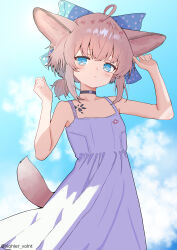  1girl ahoge alternate_costume animal_ears arknights artist_name black_choker blue_bow blue_eyes bow choker closed_mouth commentary_request cross dress flat_chest fox_ears fox_girl fox_tail greek_cross hair_bow highres looking_at_viewer material_growth oripathy_lesion_(arknights) partial_commentary pink_hair polka_dot polka_dot_bow red_cross short_hair solo sundress sussurro_(arknights) tail tesura_(teslamk2) twitter_username white_dress 