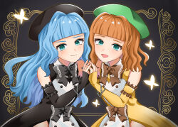  2others absurdres bead_bracelet beads black_dress blue_eyes blue_hair blunt_bangs blush bow bracelet bug butterfly commentary_request dress dress_bow elbow_cuffs elbow_gloves furfur gloves highres inset_border interlocked_fingers jewelry looking_at_viewer multiple_others open_mouth orange_hair sa10 smile umineko_no_naku_koro_ni yellow_butterfly yellow_dress zepar 