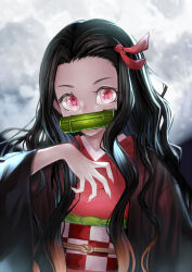  1girl asa_no_ha_(pattern) bit_gag black_hair black_haori checkered_sash colored_tips commentary_request covered_mouth fingernails forehead full_moon gag gagged hair_ribbon haori hyuu_(sing-dog) japanese_clothes kamado_nezuko kimetsu_no_yaiba kimono long_fingernails long_hair long_sleeves moon multicolored_hair pink_eyes pink_kimono pink_ribbon ribbon sharp_fingernails solo upper_body wide_sleeves 