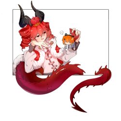  ... a.i._voice adachi_rei armor cape chinese_commentary closed_eyes commentary dragon_girl dragon_horns dragon_tail drill_hair fur-trimmed_cape fur_trim highres holding holding_mini_person holding_sword holding_weapon horns kasane_teto mini_person minigirl orange_hair outside_border red_cape red_eyes red_hair spoken_ellipsis sword tail twin_drills utau weapon yi_xing_luren 