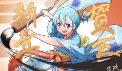  1girl absurdres alternate_costume blue_eyes blue_gem blue_hair blue_kimono bow calligraphy_brush commentary_request dot_nose egasumi floral_print floral_print_kimono fortissimo gem giant_brush hair_ornament highres holding holding_paintbrush ink japanese_clothes juudo_ni_seiheki_kojireta_madoka_suki kimono light_blush looking_at_viewer mahou_shoujo_madoka_magica mahou_shoujo_madoka_magica_(anime) miki_sayaka musical_note musical_note_hair_ornament obi open_mouth orange_ribbon paintbrush ponytail print_kimono ribbon sash short_hair short_ponytail signature smile solo tareme wide_sleeves yellow_bow 