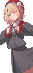 1girl beret blonde_hair blue_ribbon blunt_bangs blush buttons collared_shirt cowboy_shot double-breasted dress_shirt four-finger_heart_hands green_eyes grey_jacket grey_skirt grin hair_ornament hair_rings hashtag-only_commentary hat heart heart_hands highres indie_virtual_youtuber jacket long_sleeves looking_at_viewer miniskirt nayuyu1105 neck_ribbon pinstripe_jacket pinstripe_pattern pinstripe_skirt pleated_skirt pom_pom_(clothes) pom_pom_brooch pom_pom_hair_ornament raised_inner_eyebrows red_hat red_sailor_collar ribbon sailor_collar school_uniform shigure_ui_(1st_costume)_(vtuber) shigure_ui_(vtuber) shirt short_hair side_up_ring simple_background skirt sleeve_cuffs smile solo swept_bangs twisted_torso virtual_youtuber white_background white_shirt 