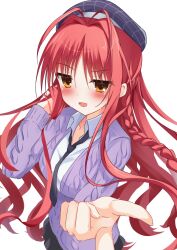  1girl :d antenna_hair beret black_hat black_necktie blush braid brown_eyes cardigan casual collared_shirt dracu-riot! eyes_visible_through_hair floating_hair foreshortening hair_intakes hands_up hat highres index_finger_raised long_hair looking_at_viewer necktie official_alternate_costume open_cardigan open_clothes open_mouth parted_bangs pnsk4125 pointing pointing_at_viewer pov purple_cardigan red_hair shirt sidelocks simple_background single_braid smile smug solo upper_body v-shaped_eyebrows variant_set very_long_hair wavy_hair white_background white_shirt yarai_miu 