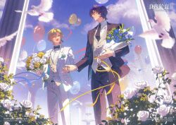  2boys alternate_costume aventurine_(honkai:_star_rail) balloon belt bird black_belt black_bow black_bowtie black_jacket black_necktie black_pants blue_flower blue_hair blue_ribbon blue_sky bouquet bow bowtie brown_eyes closed_mouth column commentary_request day dr._ratio_(honkai:_star_rail) earrings flower formal_clothes fountain grey_vest highres holding holding_bouquet honkai:_star_rail honkai_(series) jacket jewelry kkknnnn laurel_crown looking_at_another male_focus multiple_boys neck_tattoo necktie open_clothes open_jacket open_mouth outdoors pants pigeon pillar ribbon rose shirt short_hair single_earring sky smile tattoo vest violet_eyes white_flower white_jacket white_pants white_rose white_shirt white_vest yellow_flower yellow_ribbon yellow_rose 